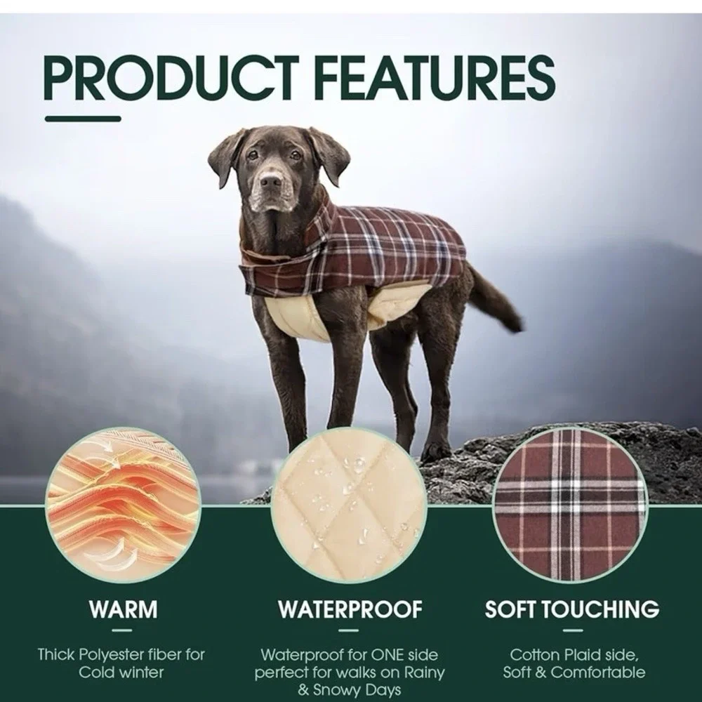 Kuoser  Warm Dog Coat Reversible Dog Jacket Waterproof Brown Plaid Size L‎